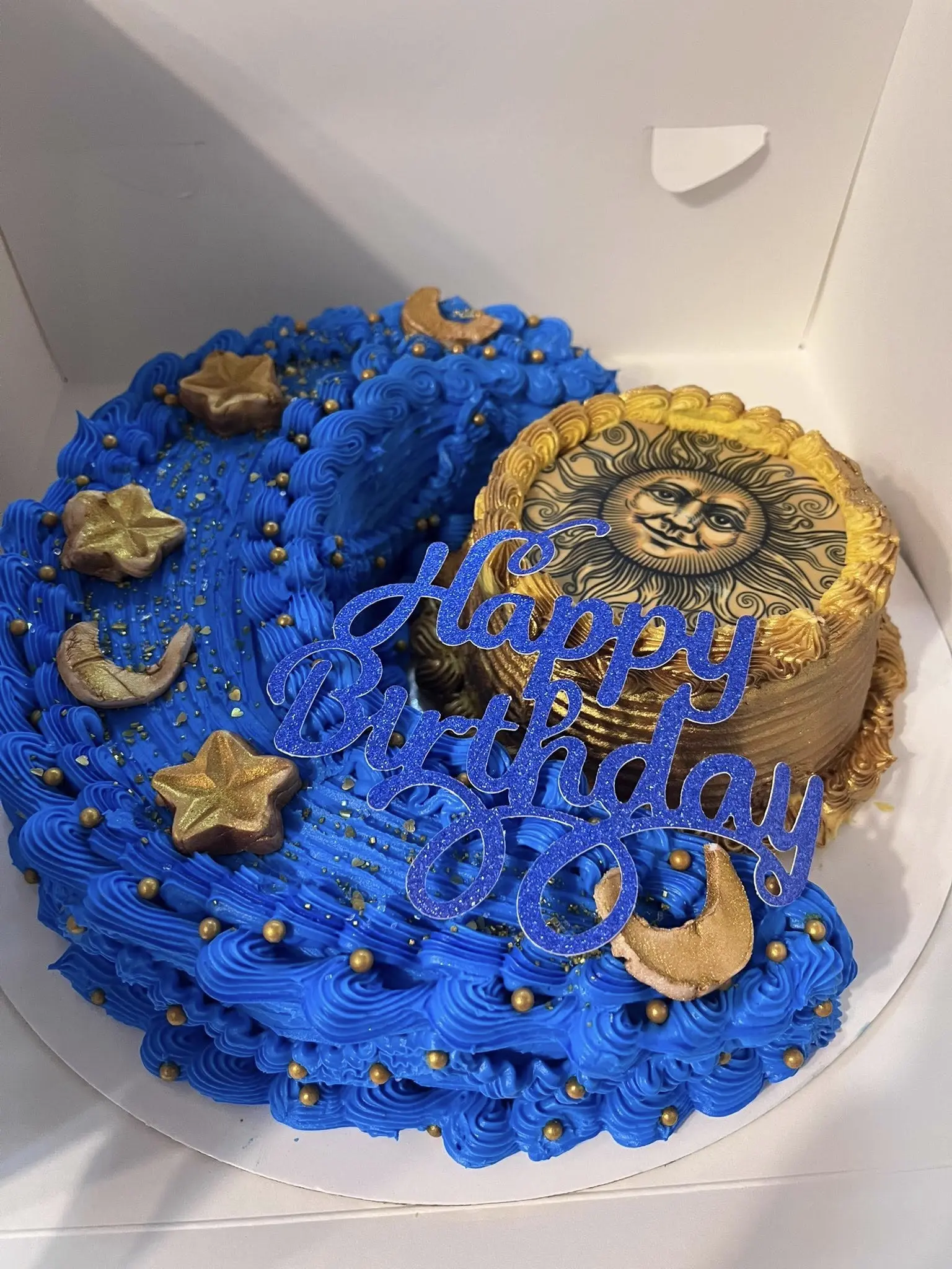 Custom celestial sun and moon birthday cake by Christy's Cakes Whiteville NC