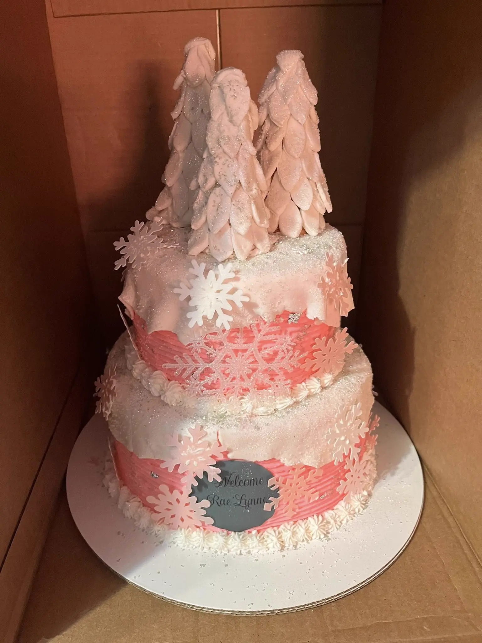 Winter wonderland pink and white 3-tier birthday cake in Whiteville NC by Christy's Cakes